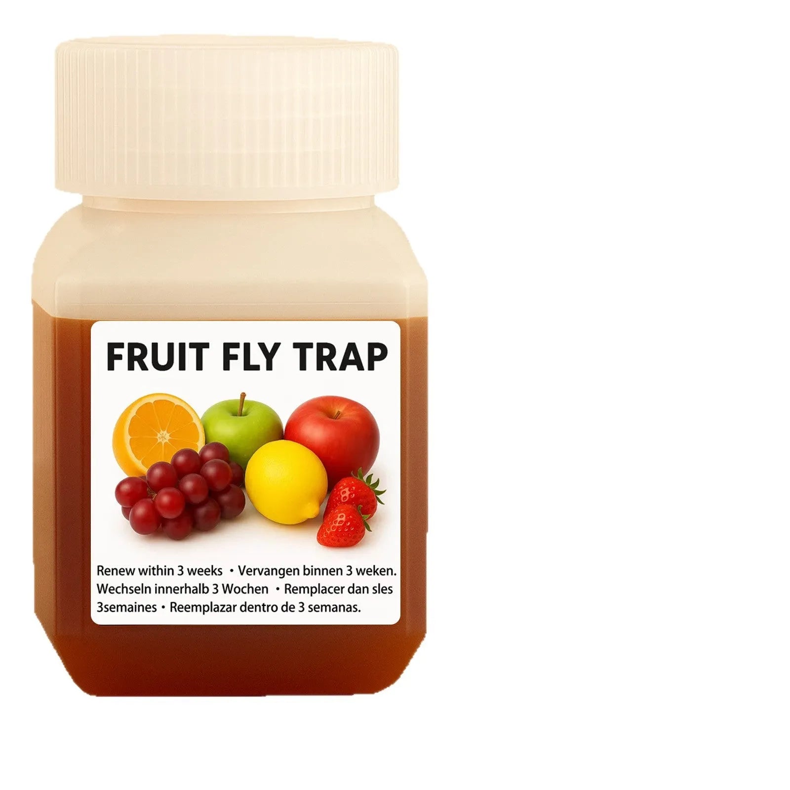 Bottle of fruit fly bait liquid with optional funnel component on a kitchen worktop.
