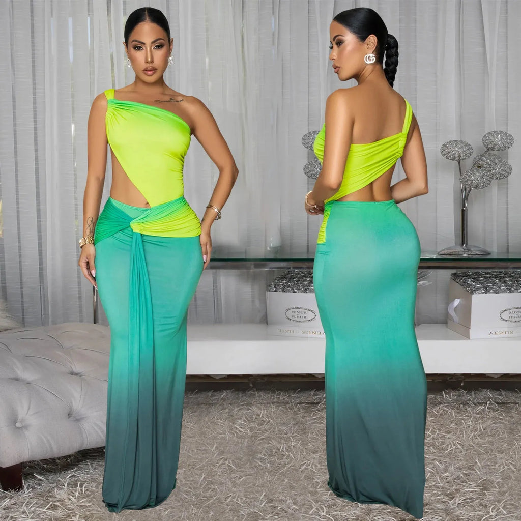 Women's gradient colour cross-shoulder summer dress in a high-waisted long skirt style.