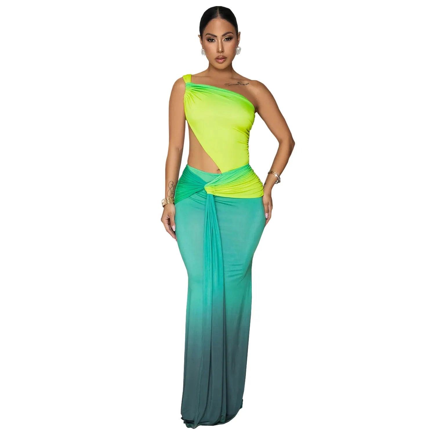 Women's gradient colour cross-shoulder dress with high-waisted long skirt