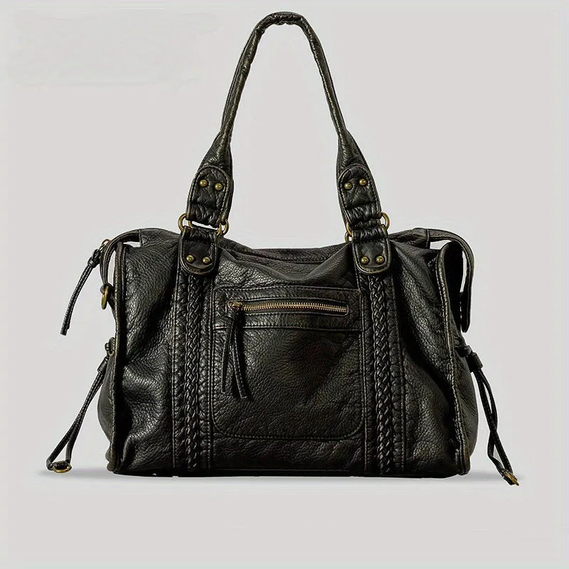 Women's brown soft PU leather retro messenger bag with a single shoulder strap and woven detail.
