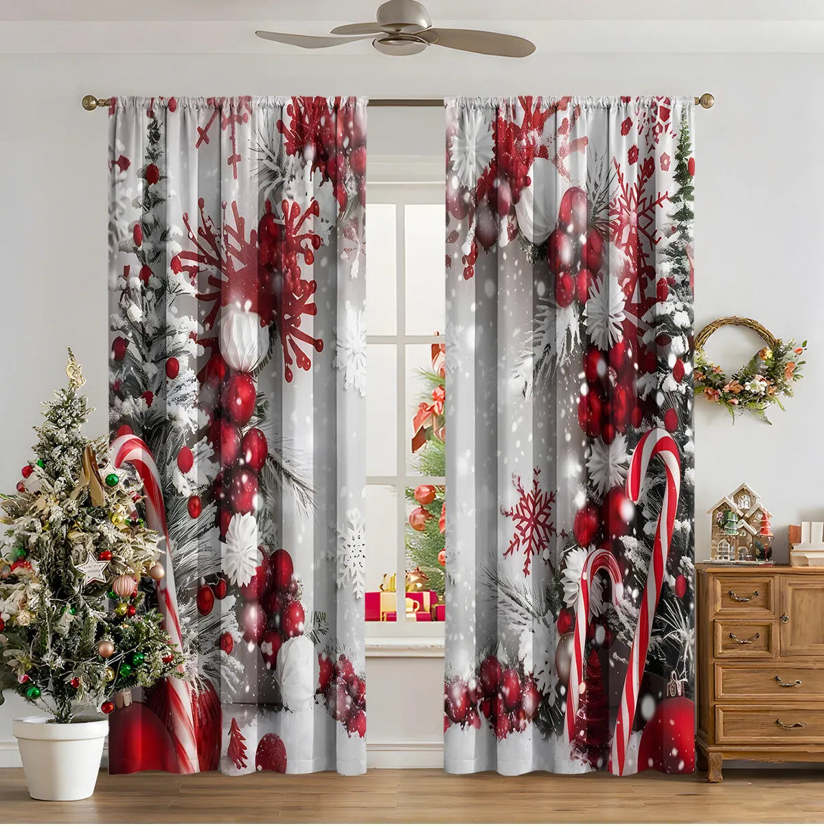 Pair of 3D digital printed Christmas curtains with a festive pattern on a window.