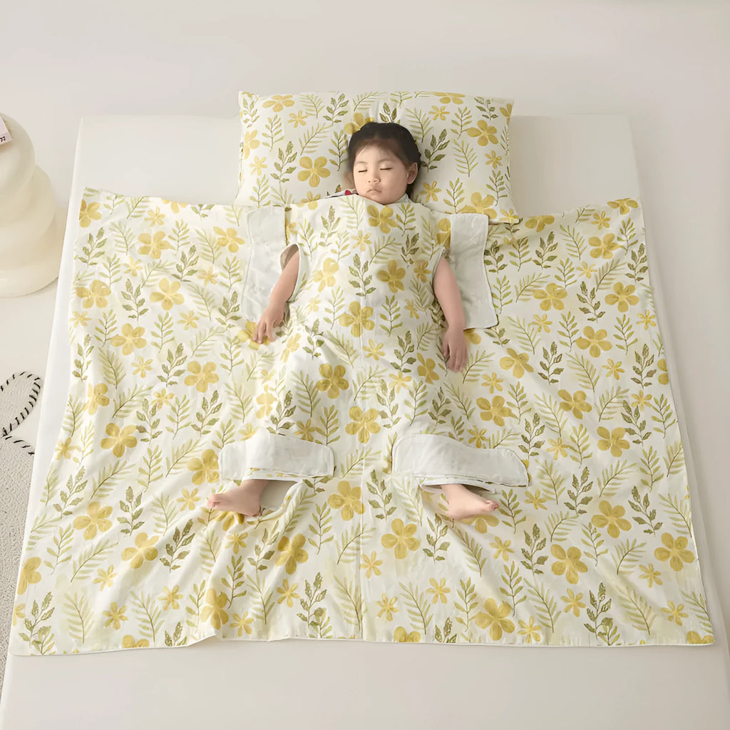 Anti-kick sleeping bag blanket in a choice of colours and sizes on a bed.