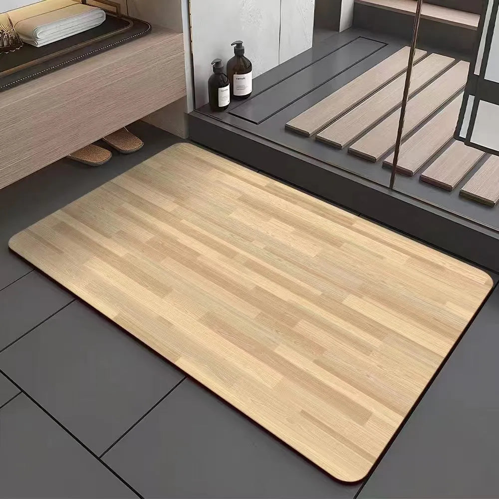 Square American wood grain pattern diatom mud bathroom floor mat on tiles.