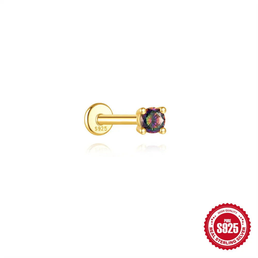 S925 sterling silver geometric earrings with rainbow stone and flat head thread post