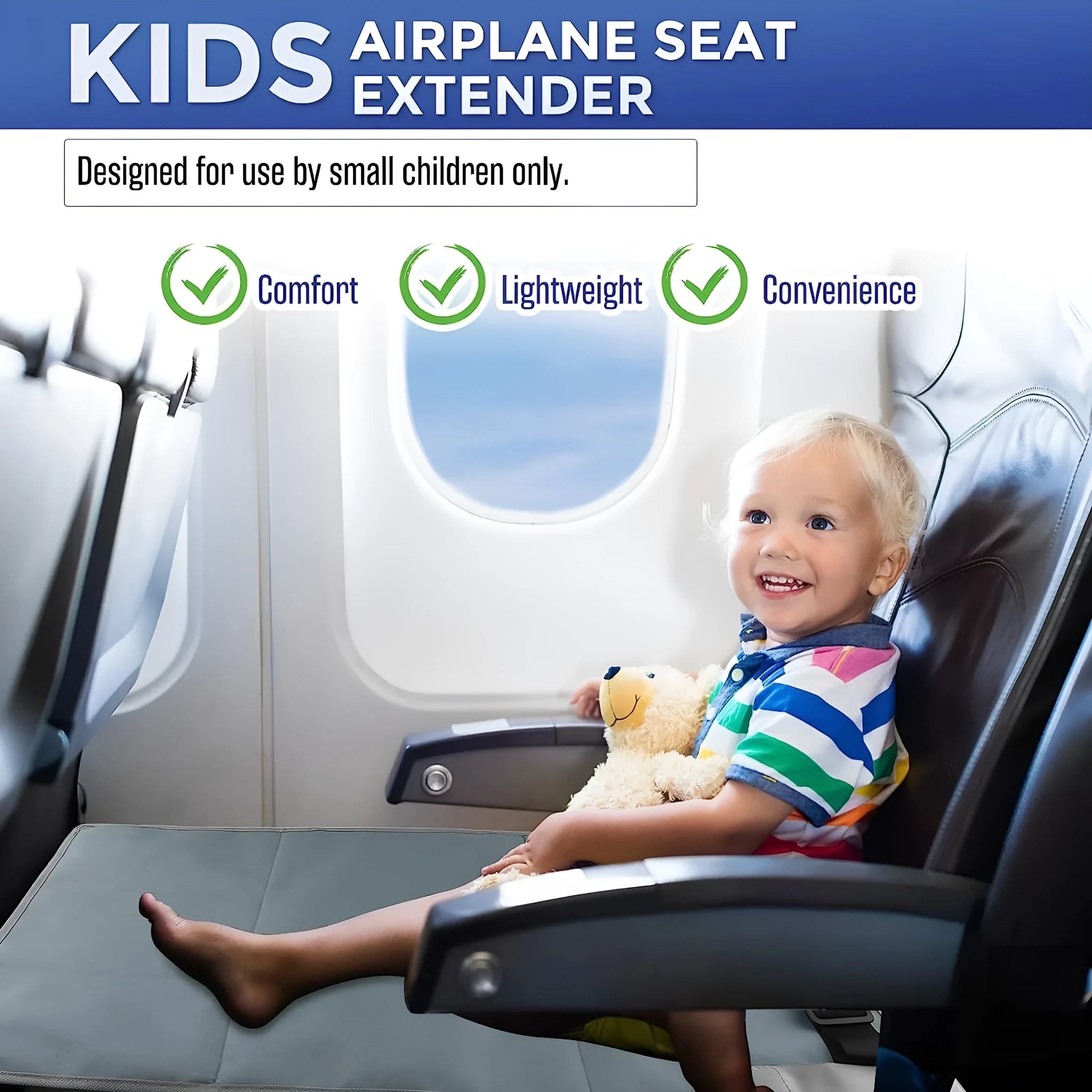 Portable blue children's aircraft pedal seat extender with extension device and drawstring pocket.