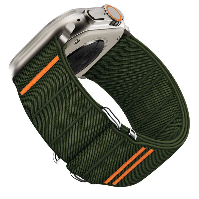 Elastic nylon Apple Watch replacement band with stainless steel buckle in various colours.