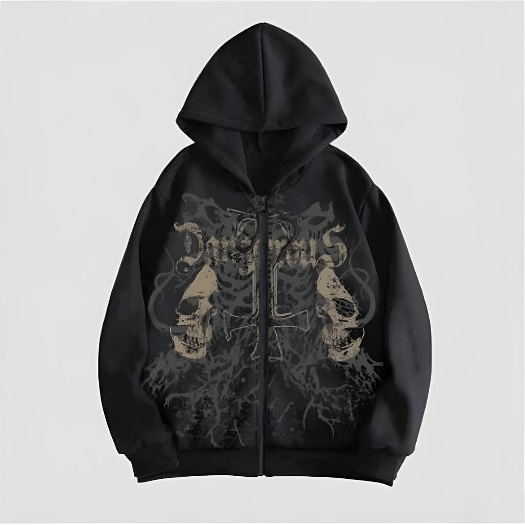 Men's black hoodie with a raised skull hot stamp print on the chest.