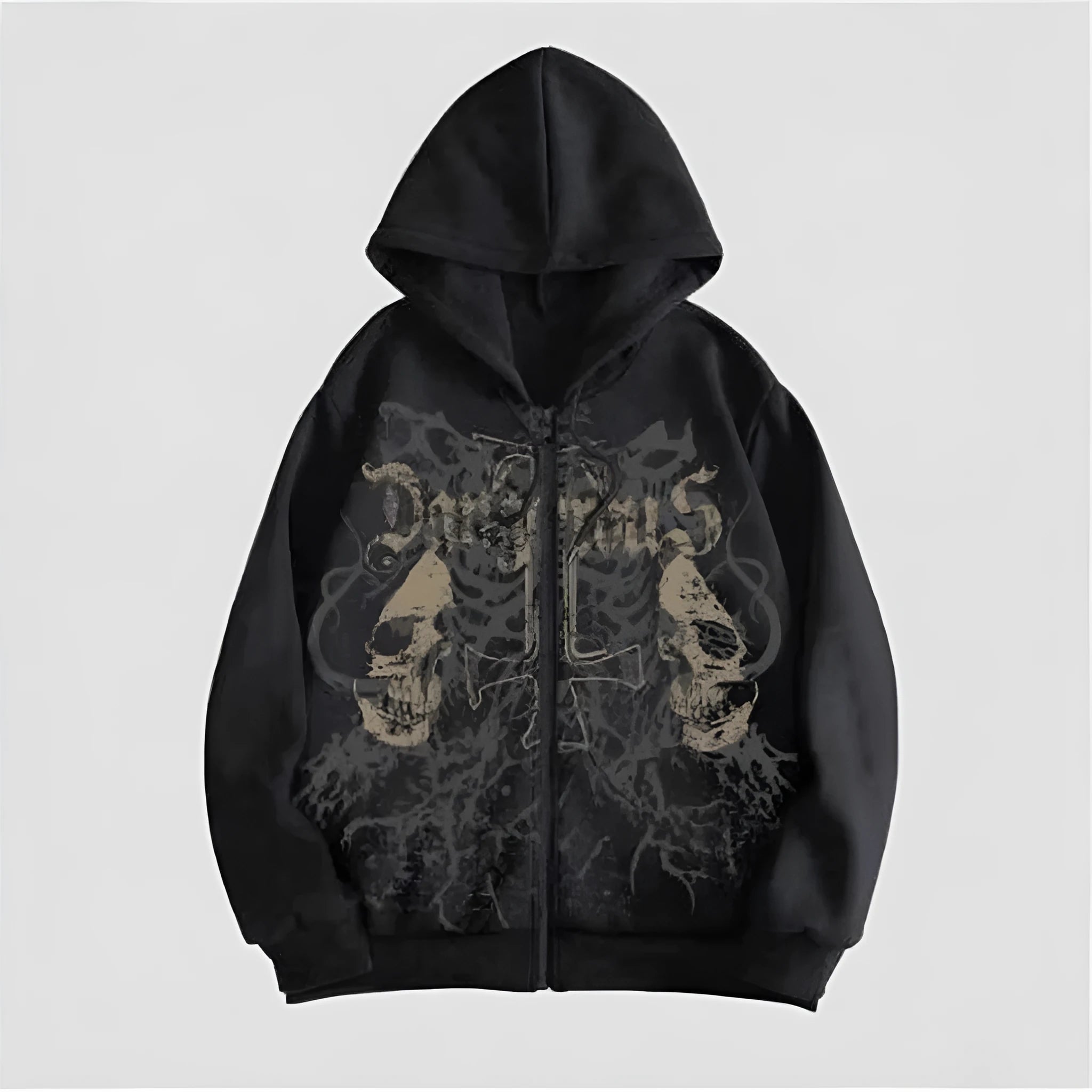 Men's black hoodie with a raised skull hot stamp print on the chest.