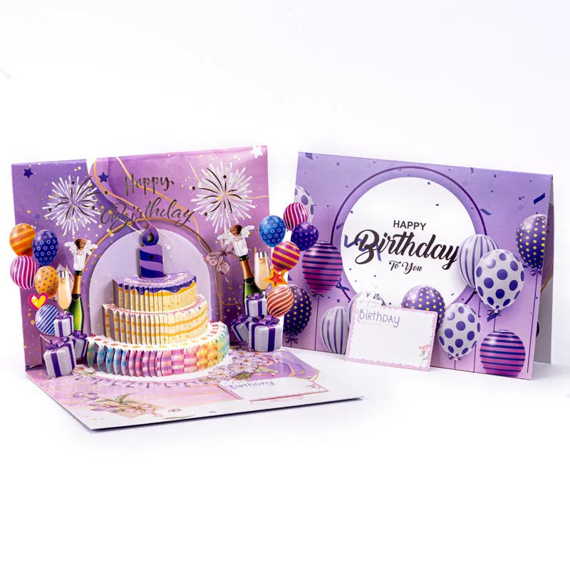 3D paper greeting card with a hand-folded cake sculpture in Chinese ink style.