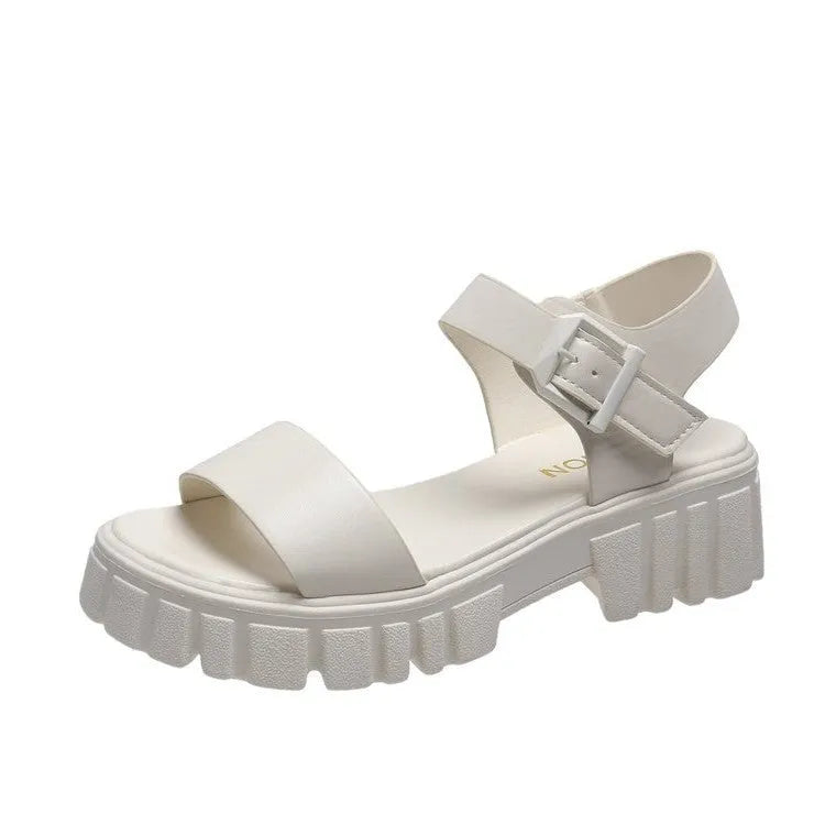 Women's beige PU platform sandals with peep toe, fish mouth design, and adjustable ankle-strap buckle