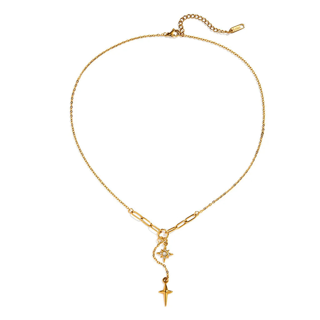 18K gold stainless steel necklace with white diamond eight-pointed star centre, regular chain, JDN0305056 colour