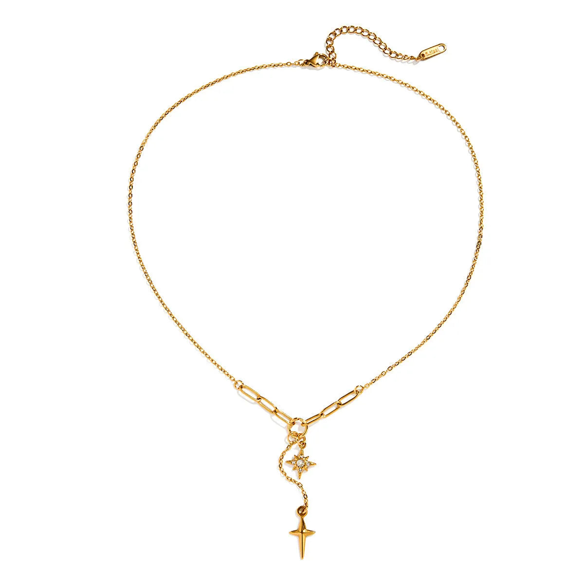 18K gold stainless steel necklace with white diamond eight-pointed star centre, regular chain, JDN0305056 colour