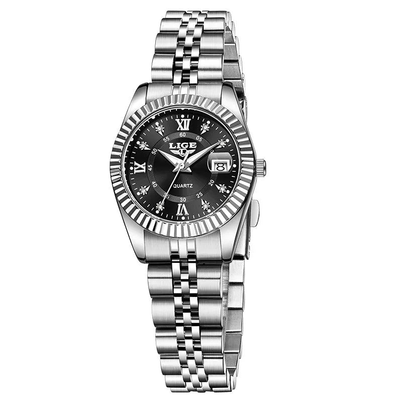 Waterproof fashion quartz watch for women with gold and silver colour options and 10mm thickness.