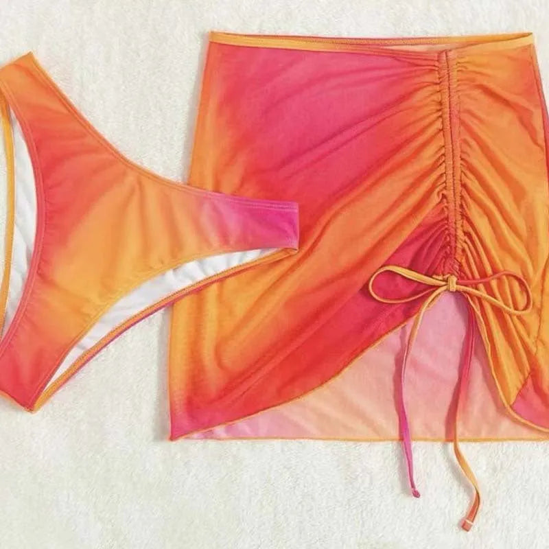 Women's three piece loop buckle hollow suspender swimsuit in orange or purple gradient print, sizes S M L