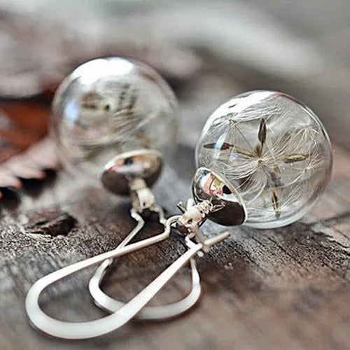 Transparent glass ball earrings with crystal dandelion seed design on silver hook
