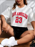 Black personalised cotton t-shirt with white printed English letters in a loose, navel-exposing Japanese Korean style.