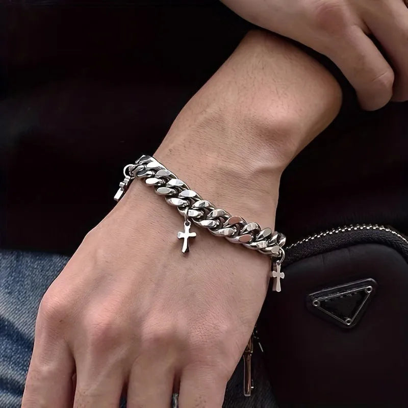Men's geometric cross bracelet in titanium steel with adjustable cold wind style design