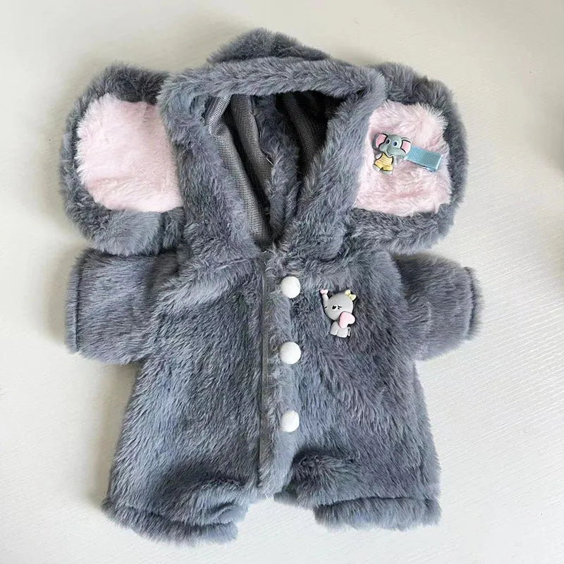 Grey elephant pattern one-piece jumpsuit for a 30cm tall plush teddy bear doll.