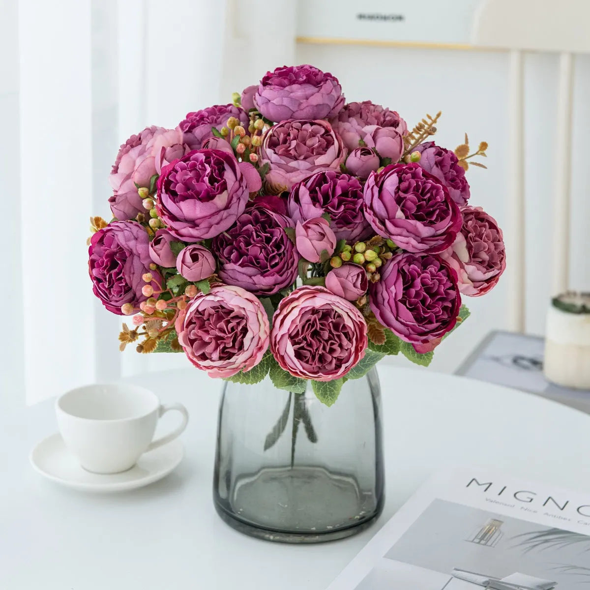 Artificial silk peony flower bouquet in a vase, 45cm tall, in champagne colour