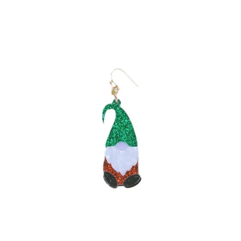 Acrylic cartoon Santa Claus earrings showing red, green, and red/green hat style options.