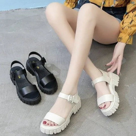 Women's beige PU platform sandals with peep toe, fish mouth design, and adjustable ankle-strap buckle