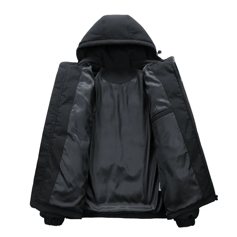 Korean-style men's black hooded padded coat with letter print and side pockets