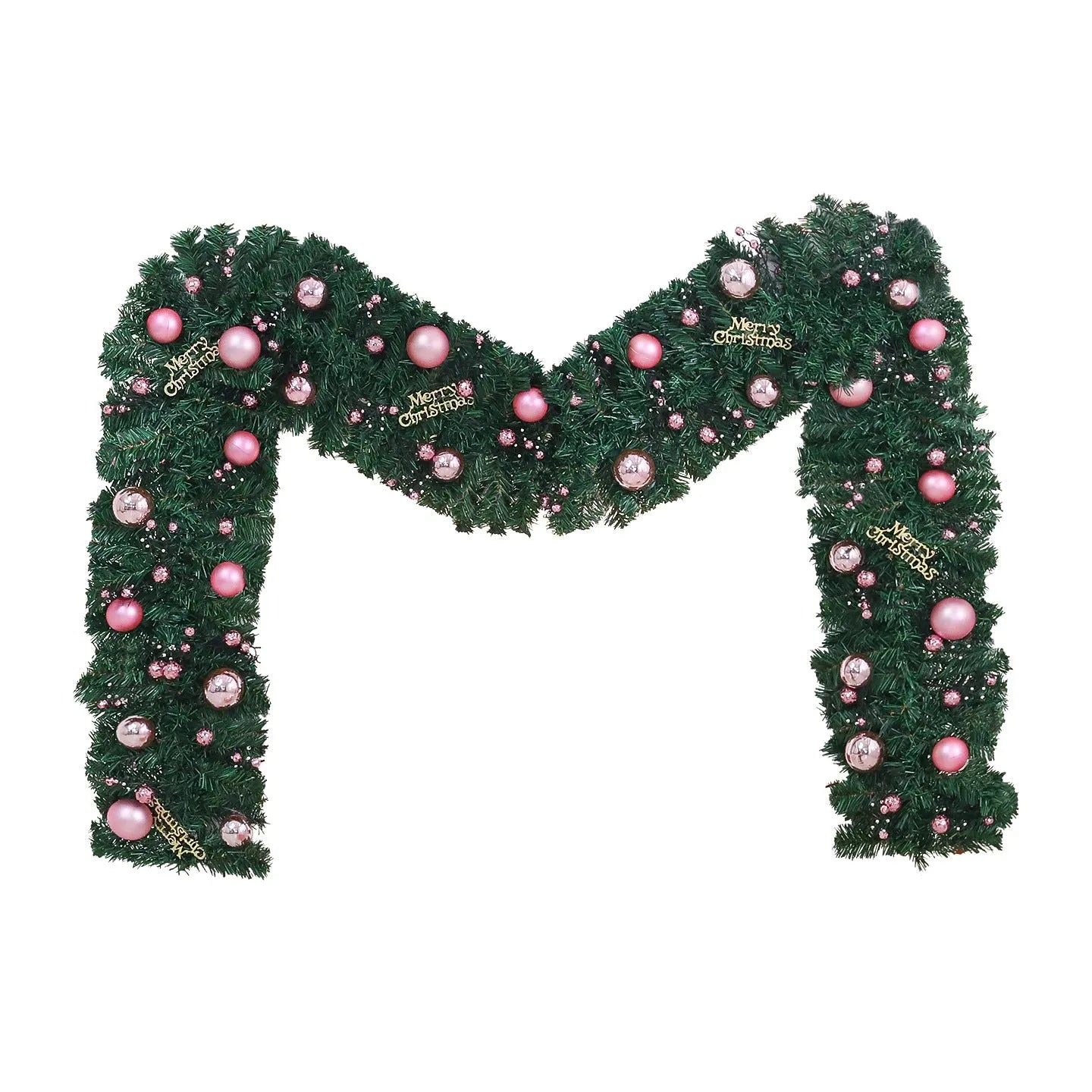 Pink artificial rattan Christmas garland with small fruit and LED lights draped over a banister