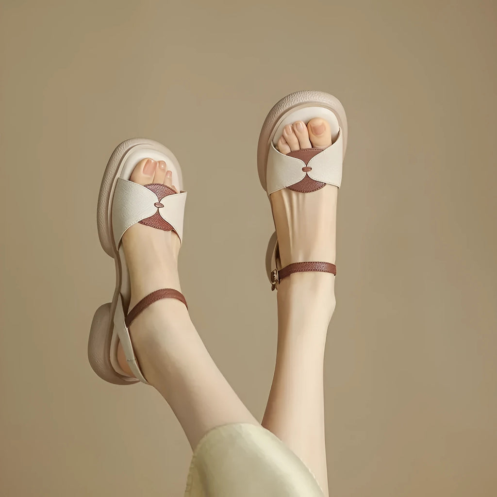 Women's beige renewable leather platform sandals with chunky heels and open toe design