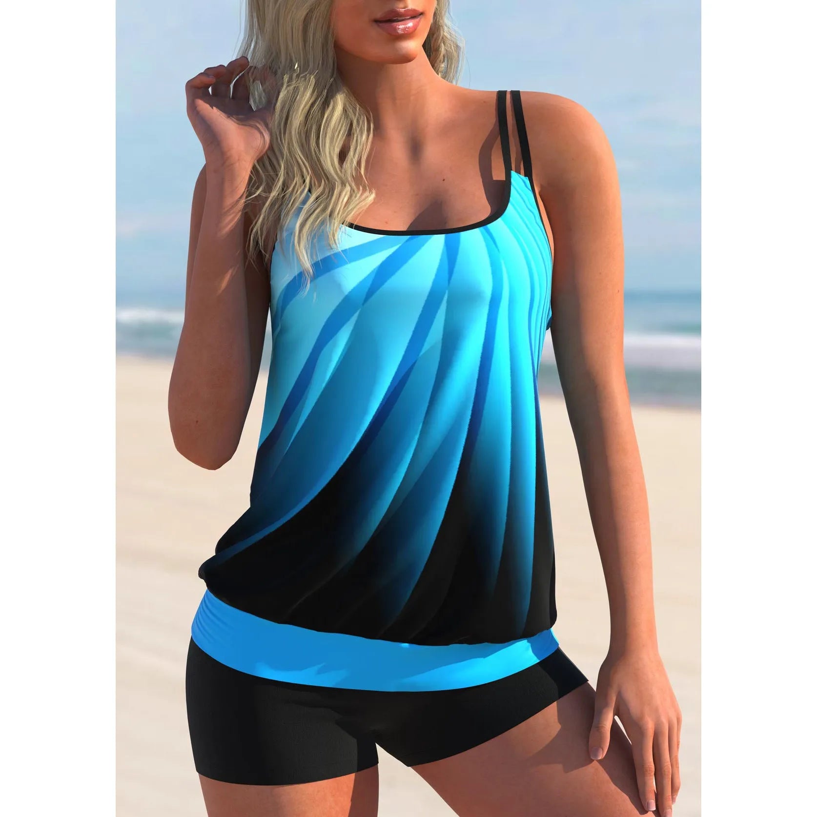 Plus size women's butterfly print swimsuit with halter top and separate shorts