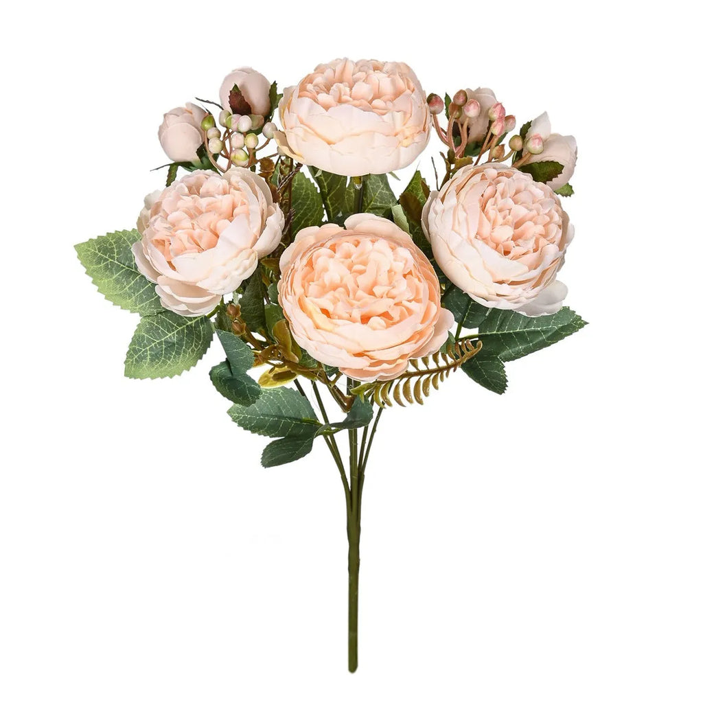 Artificial silk peony flower bouquet in a vase, 45cm tall, in champagne colour