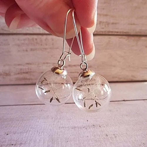 Transparent glass ball earrings with crystal dandelion seed design on silver hook