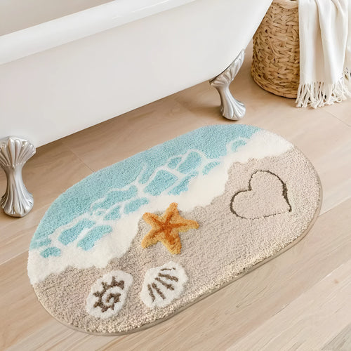 Square rainbow pattern carpet mat in sky sea colour with plastic bottom, shown in 40x60cm and 50x80cm sizes