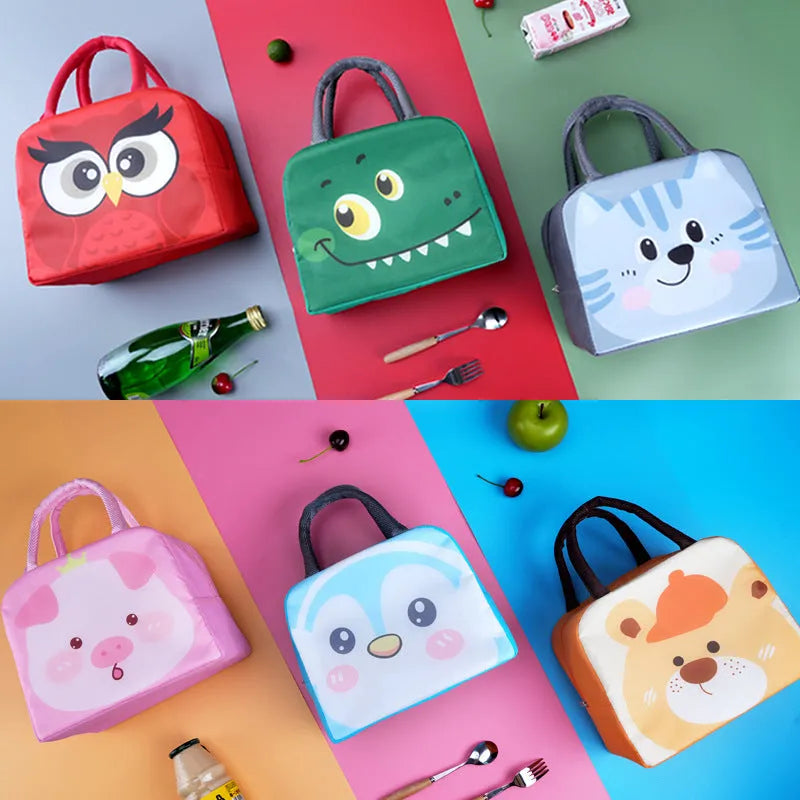 Colourful cartoon insulated lunch box bag for children with aluminium foil lining.