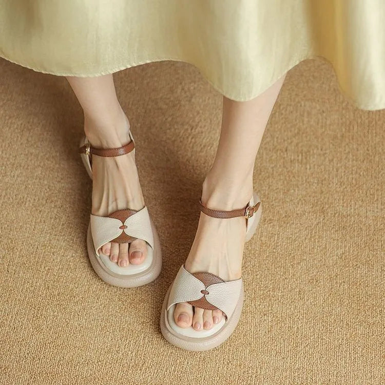 Women's beige renewable leather platform sandals with chunky heels and open toe design
