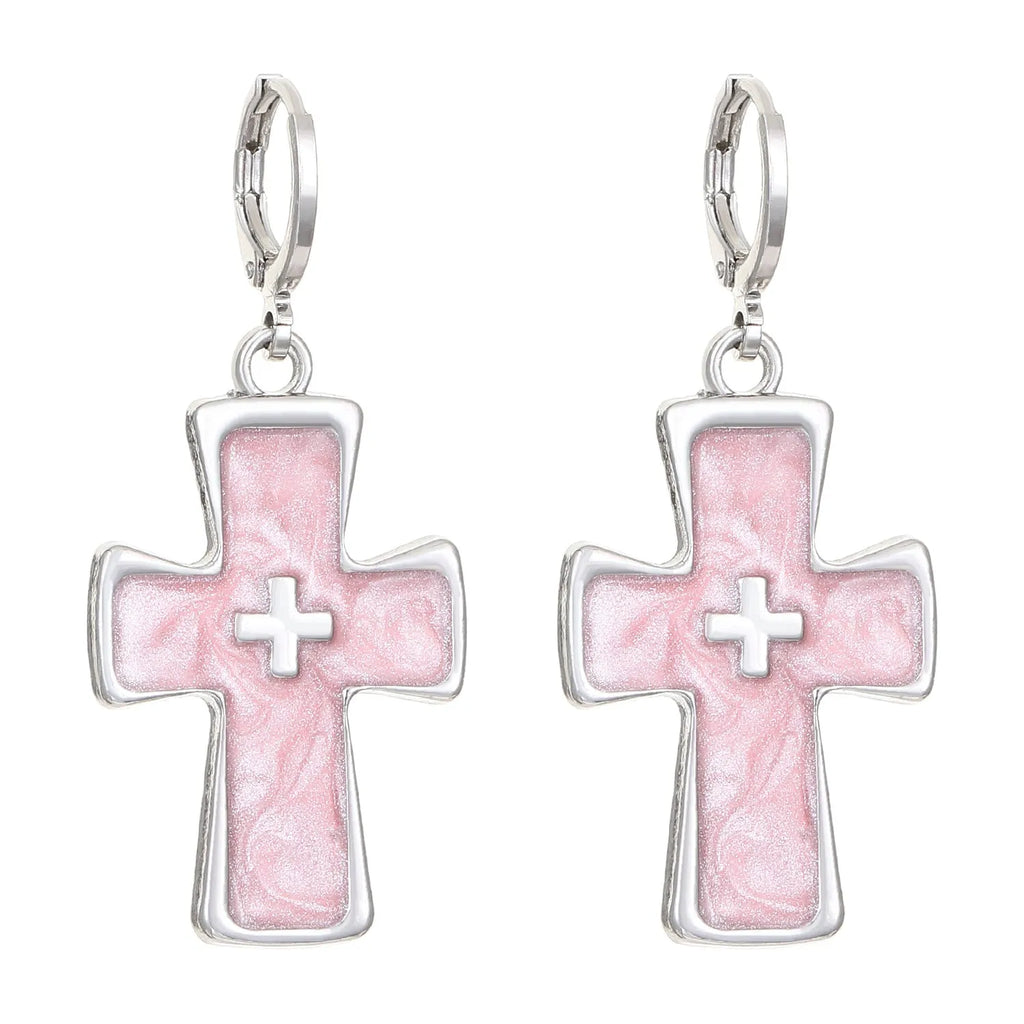 Women's alloy earrings with cross crystal design in antique silver, white, and bright black cat colour options