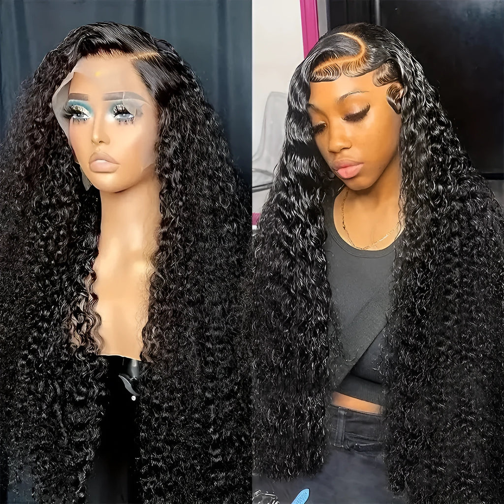 A long curly synthetic lace front wig in black on a small roll wound tube afro base.