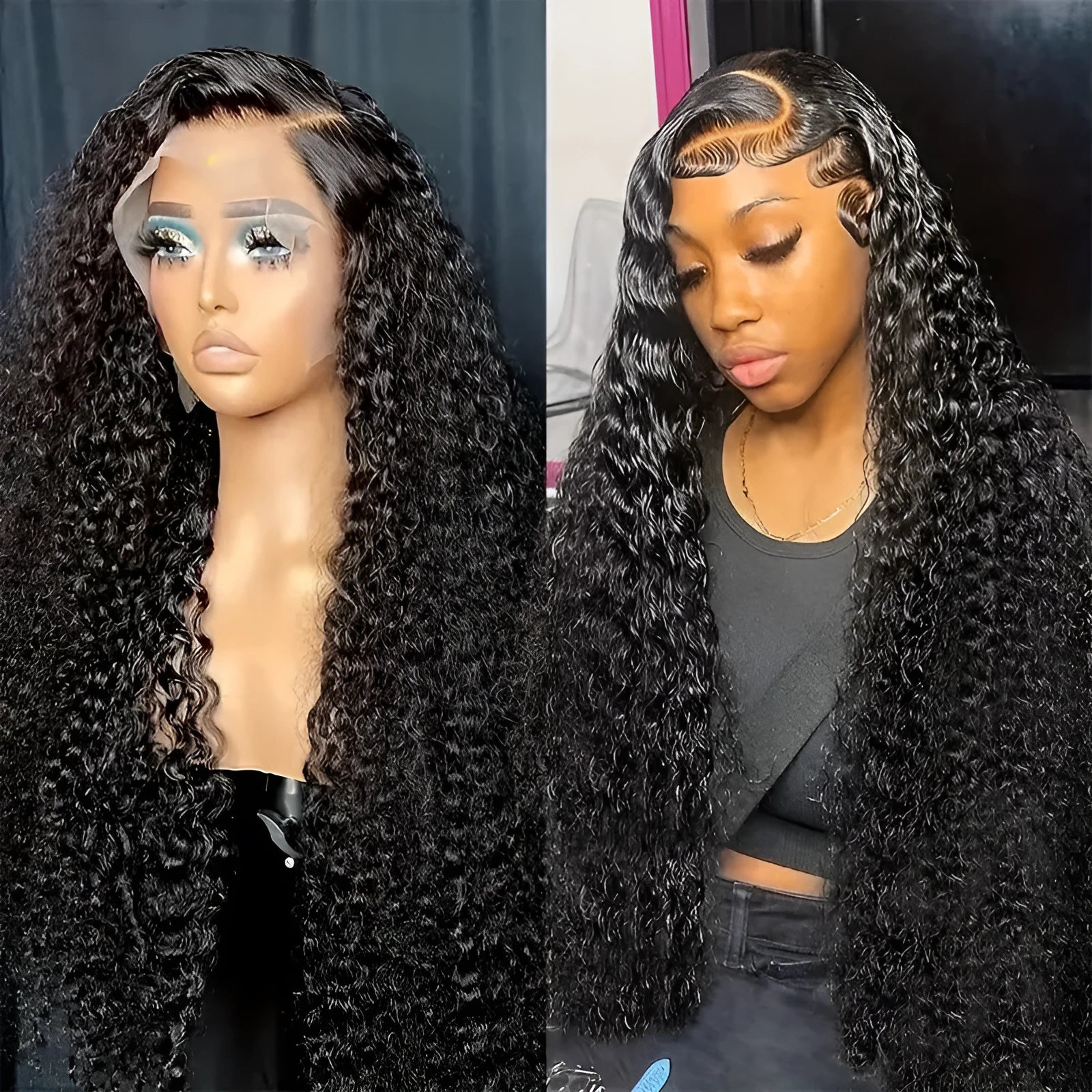 A long curly synthetic lace front wig in black on a small roll wound tube afro base.