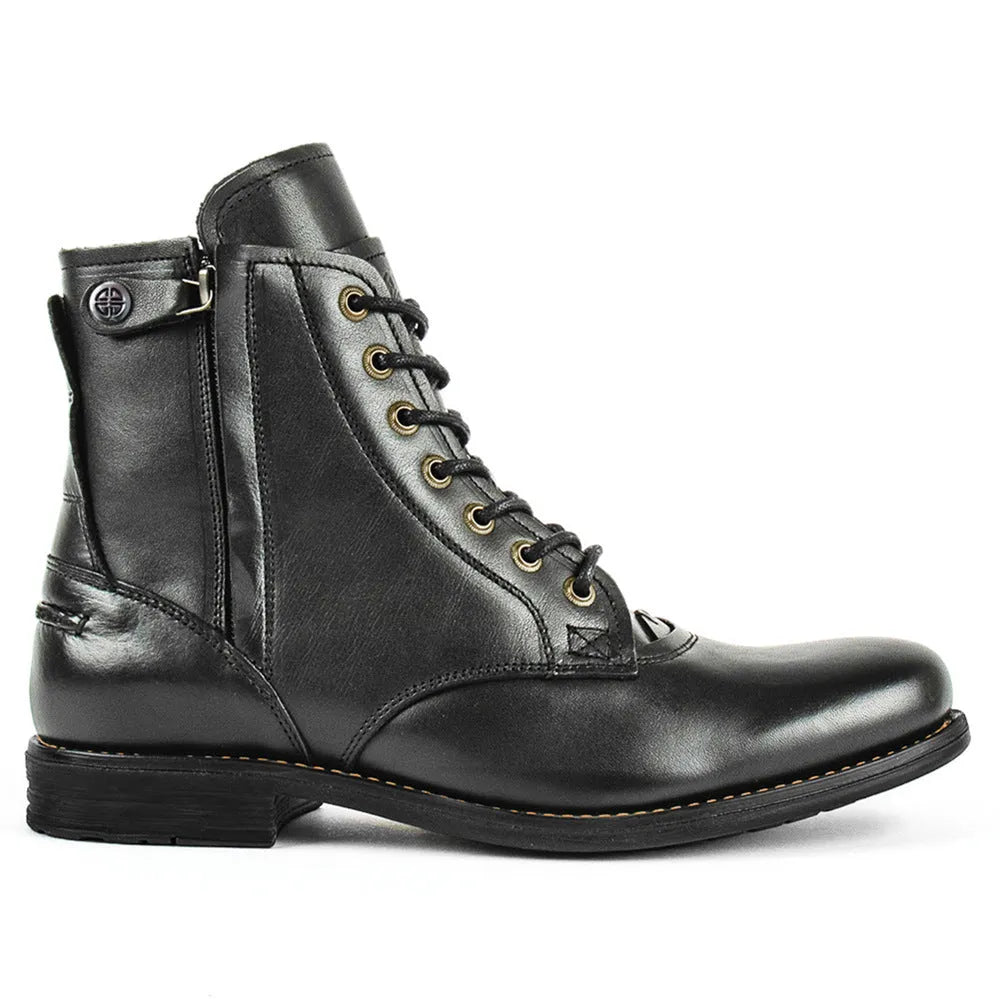 Men's black and brown two-tone leather ankle boots with side zip and low heel.