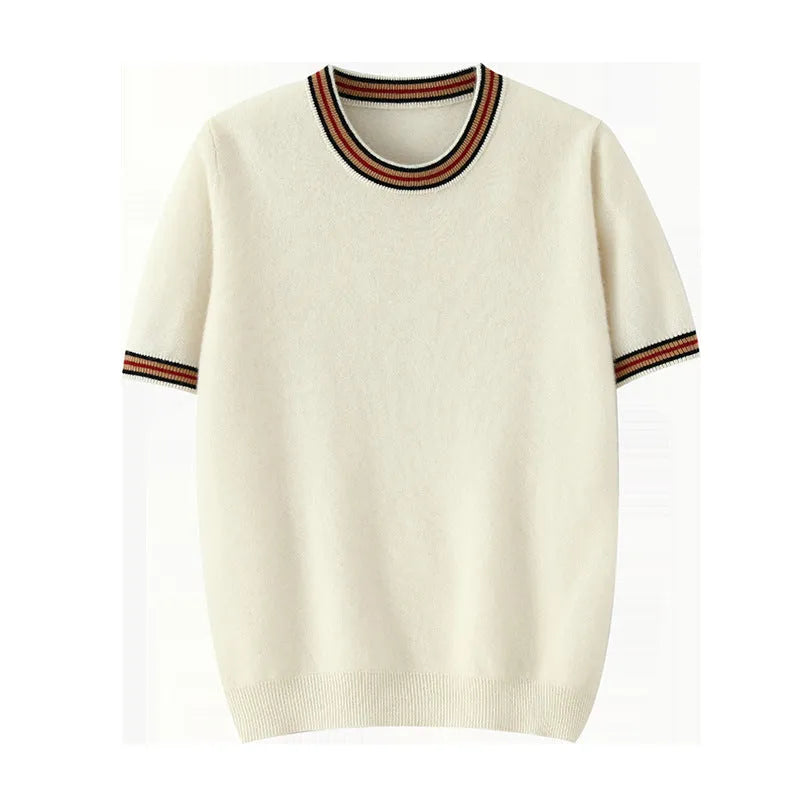 A man's short sleeve grey wool jumper with a round neckline on a hanger.