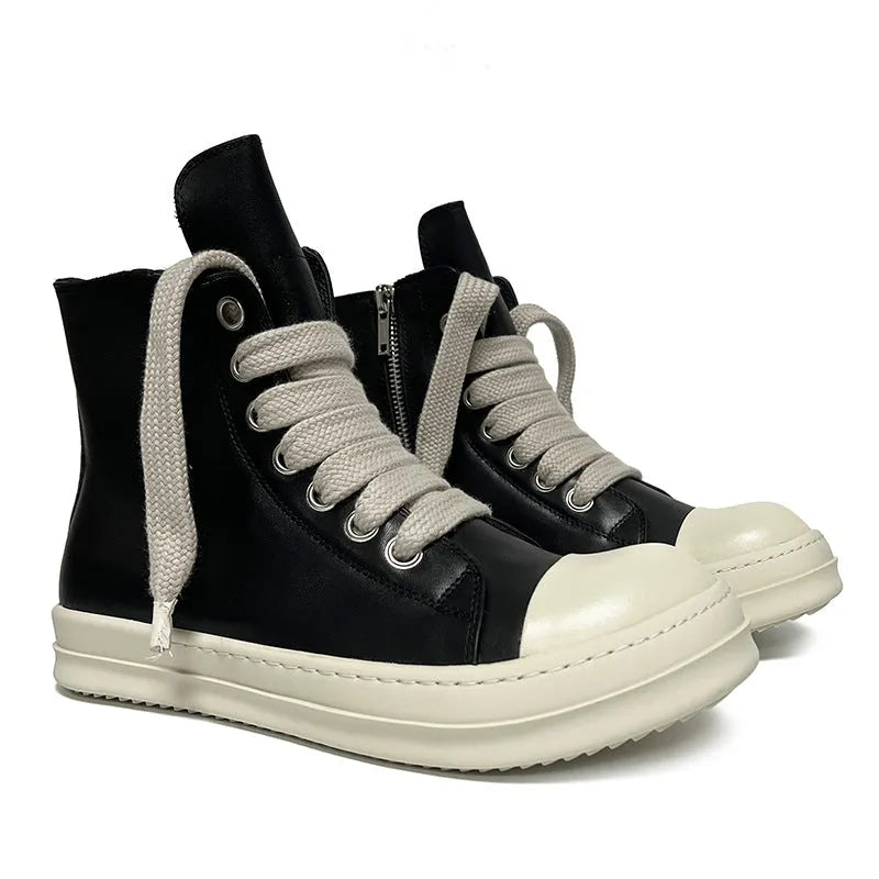 Black genuine leather high-top sneakers with a side zipper and round toe on a rubber sole.