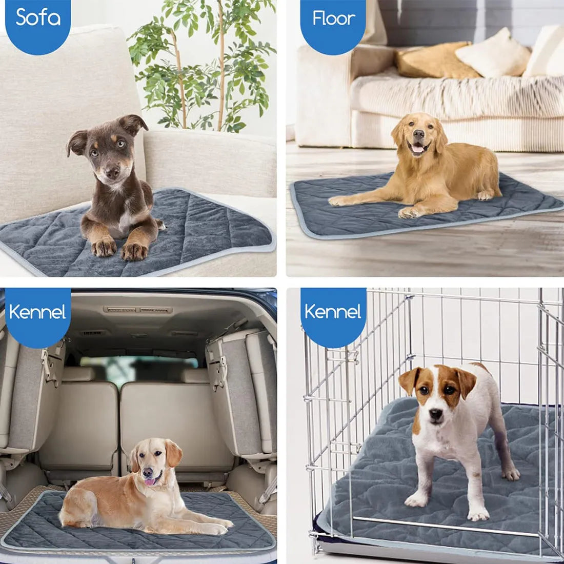 Grey cloth pet cushion showing multi-layer construction and four available size options