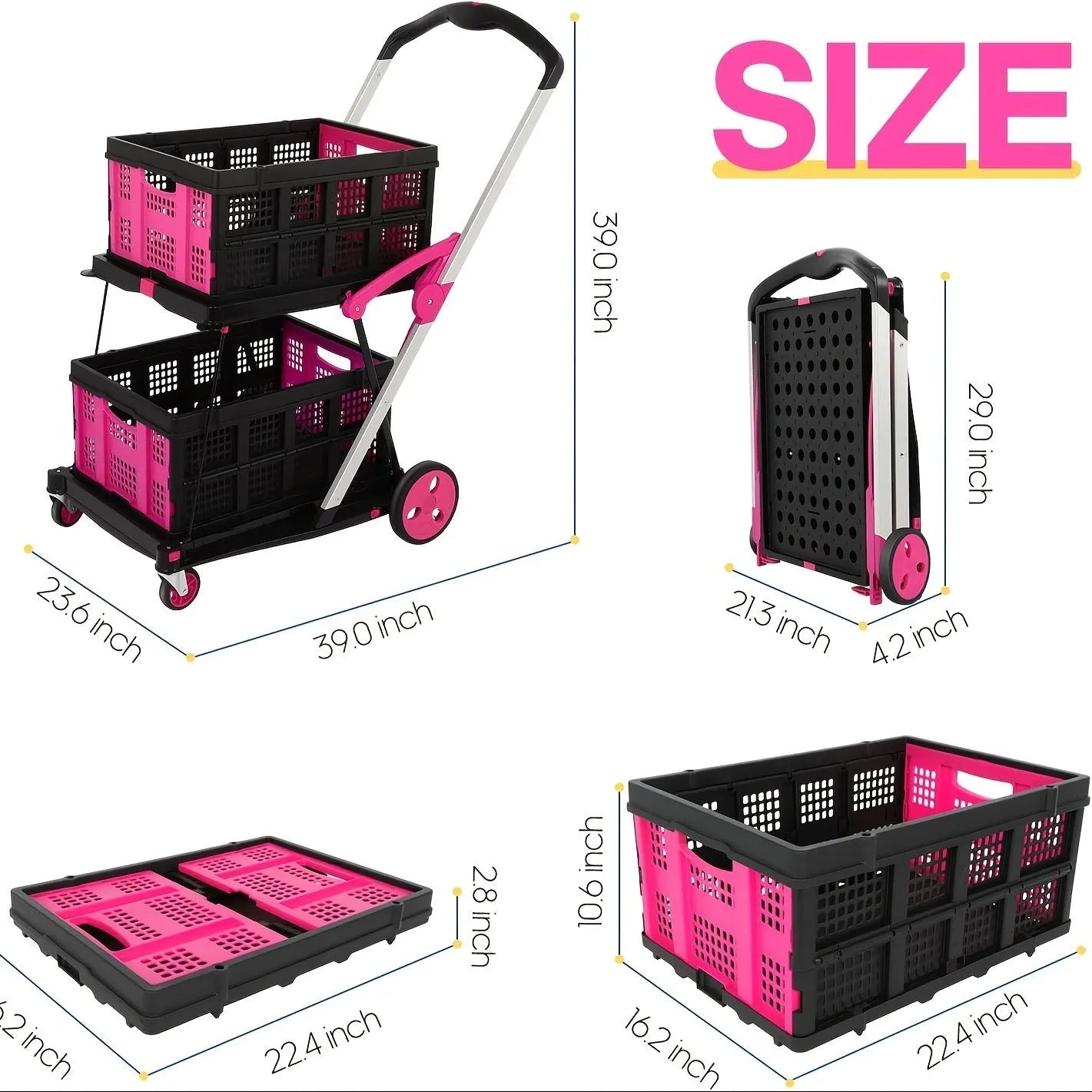 Personality foldable shopping cart with double-layer basket in chosen colour.