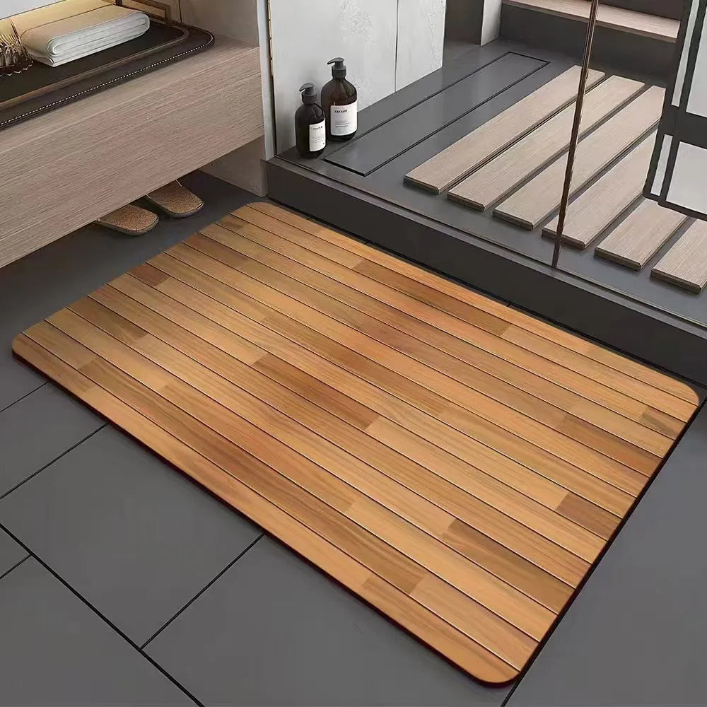 Square American wood grain pattern diatom mud bathroom floor mat on tiles.