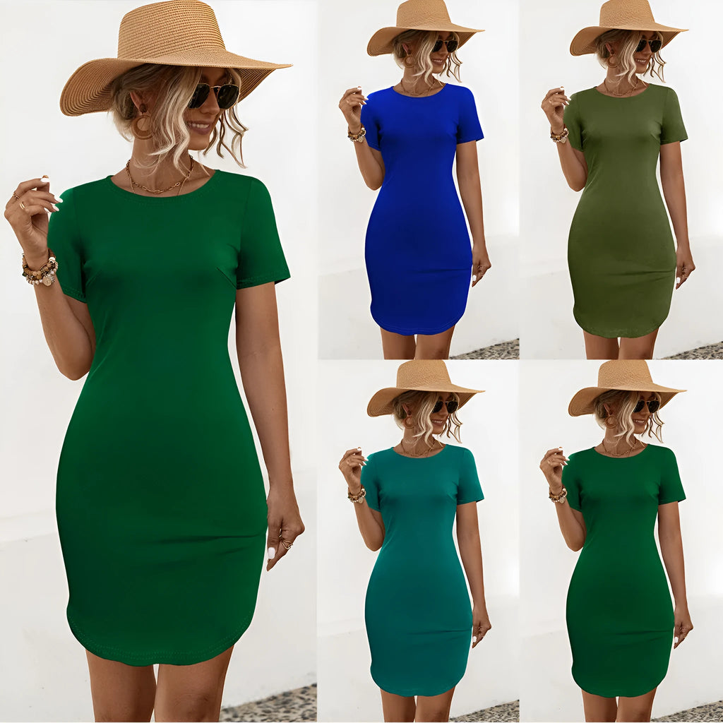 Women's slim dark green dress with short sleeves and a U-shaped split at the hem.