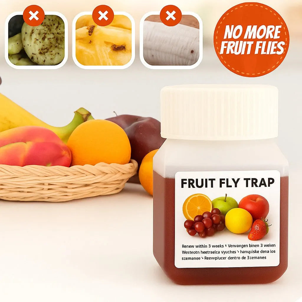Bottle of fruit fly bait liquid with optional funnel component on a kitchen worktop.