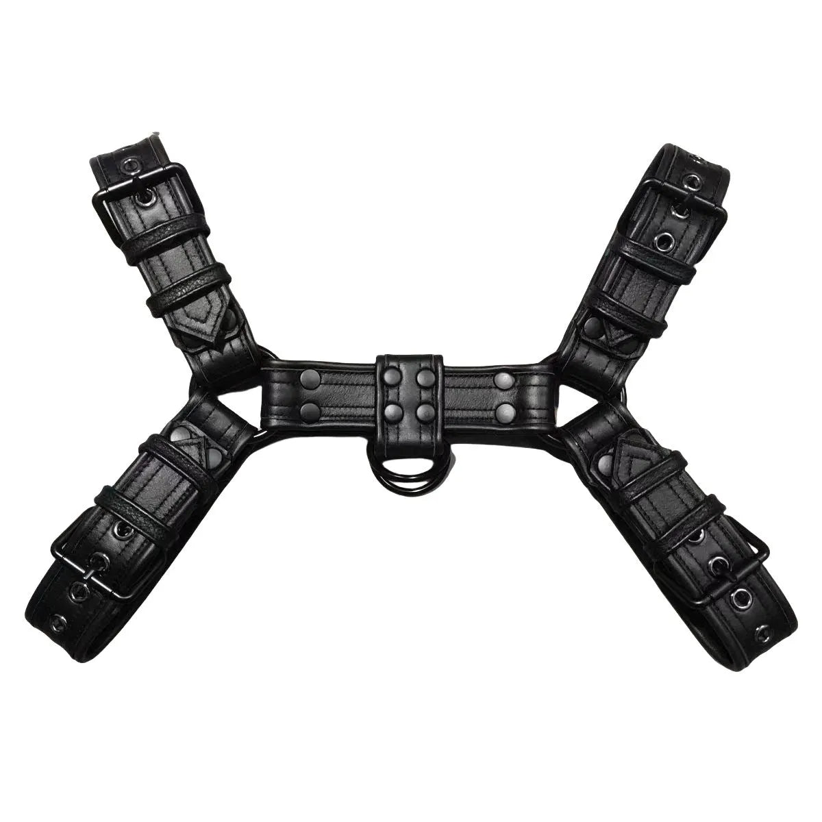 Black leather adjustable chest harness strap with metal buckle for men's costume and performance use