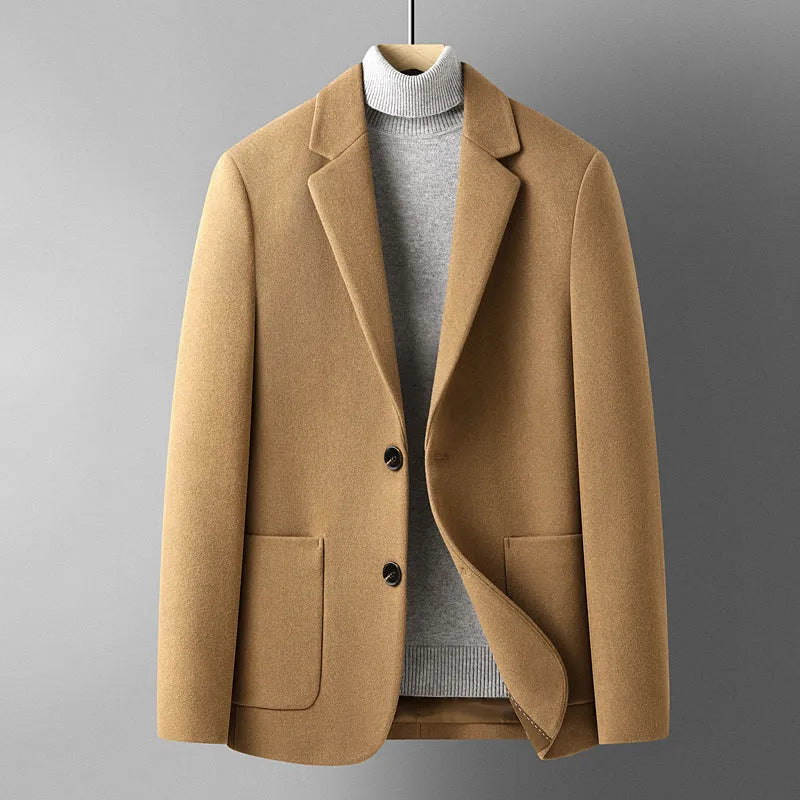 Men's slim fit wool suit in a solid colour with a polyester lining, shown on a hanger.
