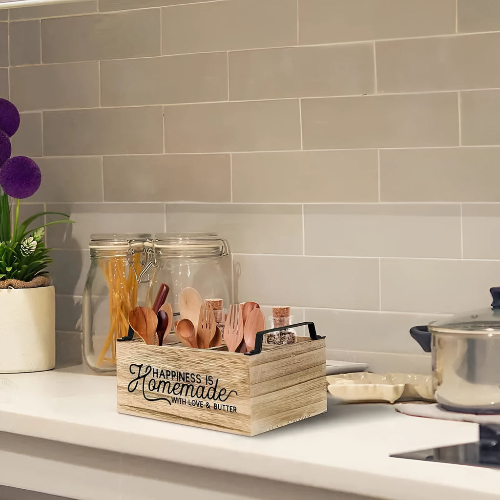 Wooden kitchen storage box with grid dividers for organising tableware