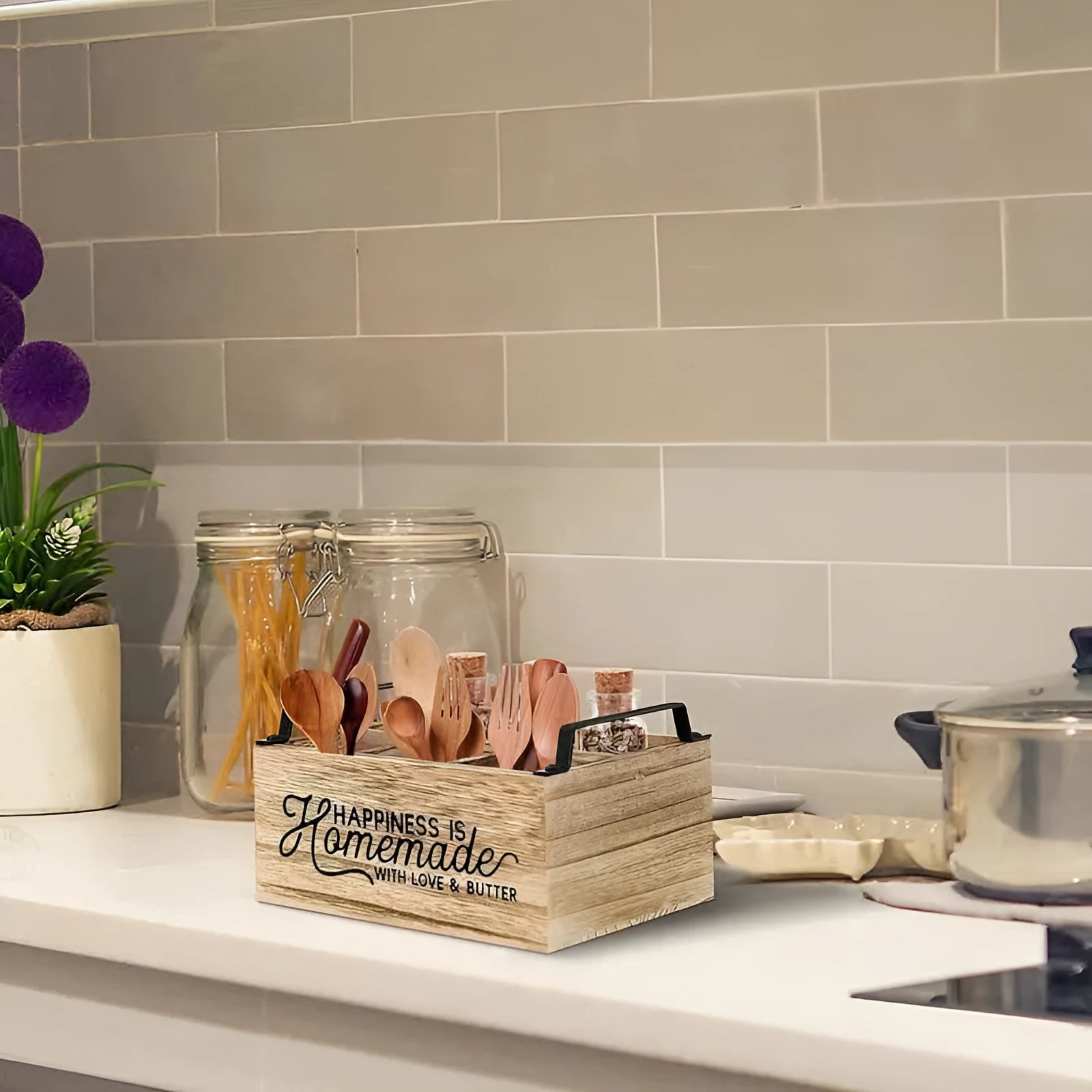 Wooden kitchen storage box with grid dividers for organising tableware