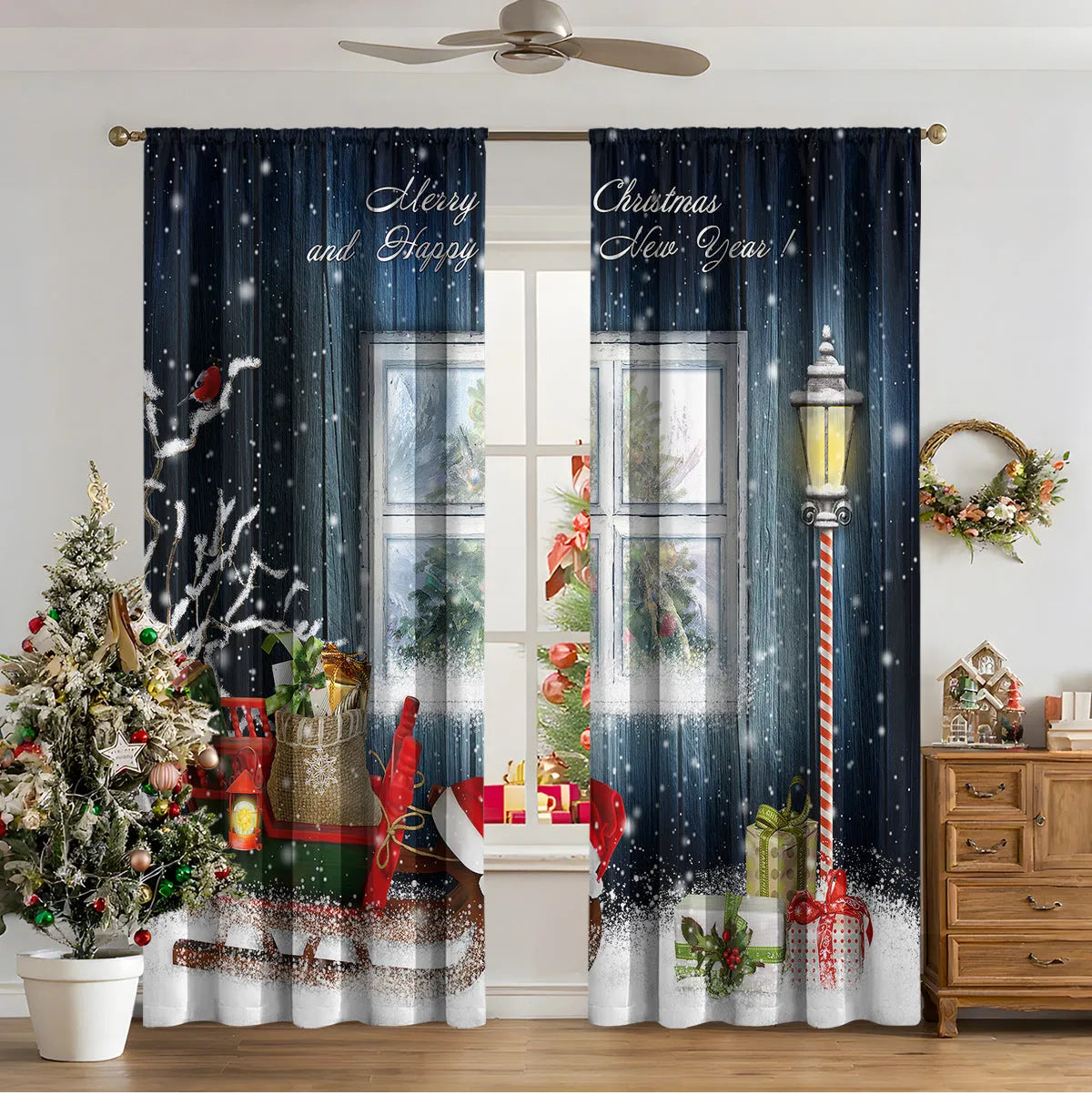 Pair of 3D digital printed Christmas curtains with a festive pattern on a window.